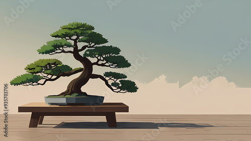 A minimalist flat vector background featuring a serene bonsai tree on a wooden stand with soft pastel colors