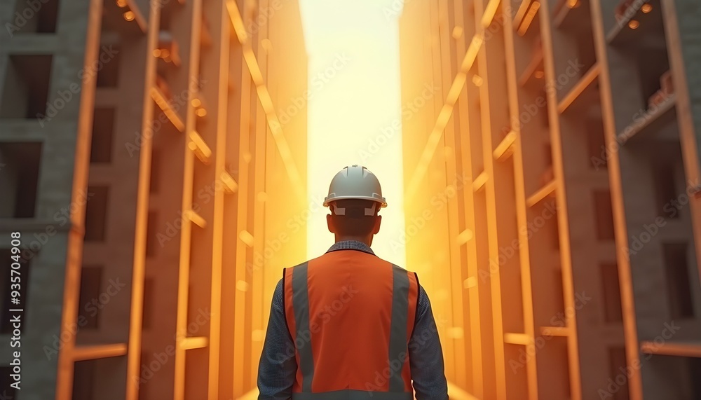 An engineer looks at an unfinished tall building, the engineer is wearing a white helmet and safety vest, Engineering, construction site and team outdoor for building project, planning An engineer looks at an unfinished tall building, the engineer is wearing a white helmet and safety vest, Engineering, construction site and team outdoor for building project, planning