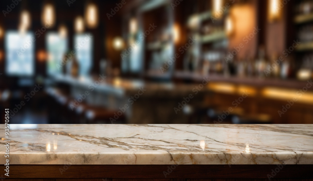 A polished marble countertop with brown veining in a softly lit, blurred background of a warm, inviting bar or restaurant interior. A polished marble countertop with brown veining in a softly lit, blurred background of a warm, inviting bar or restaurant interior.