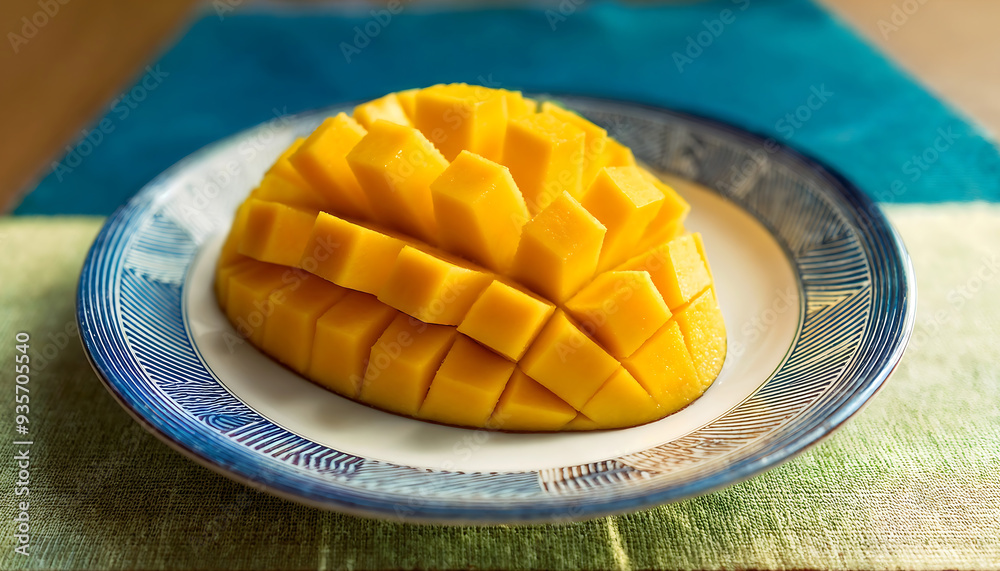 Ripe mango is beautifully sliced and presented on a plate 