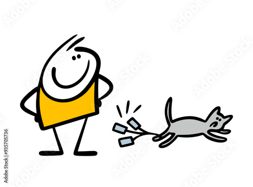 Cruel child tied tin cans to the cat's paw and looks, rejoices. Vector illustration of pet abuse. Cartoon poor kitten is running and rattling. Isolated animal and  kid on white background.