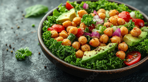 ale salad topped with crispy fried chickpeas and creamy avocado, presented on a clean white plate. Ideal for showcasing healthy eating, nutrition, and plant-based cuisine