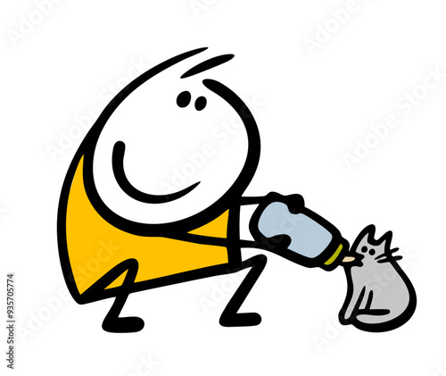 Cute kind boy is caring for a newborn kitten. Vector illustration of a stickman feeding a stray cat from a bottle of milk. Caricature funny child and a pet eats and drinks. Animals clipart.