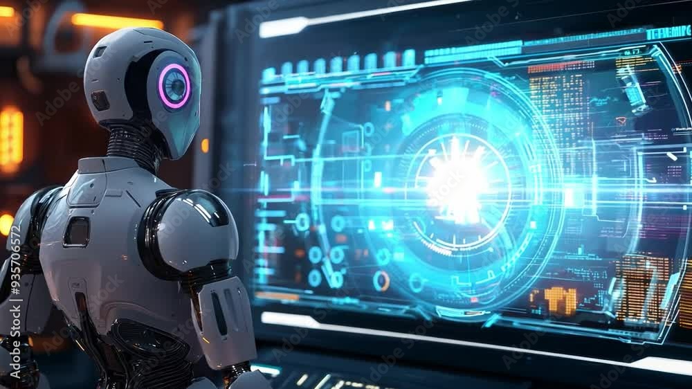 A humanoid robot engages with a vibrant digital screen filled with glowing data and graphical interfaces in a high-tech environment. A humanoid robot engages with a vibrant digital screen filled with glowing data and graphical interfaces in a high-tech environment.