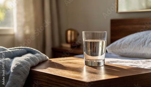 A glass of water sits on a wooden table, illuminated by morning light, with a neatly made bed in the background a refreshing start to your day.