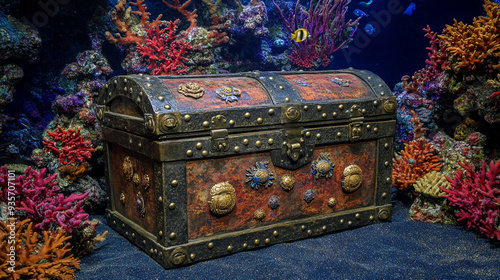 old chest lies on the ocean floor, surrounded by marine life, hinting at hidden treasures and mysteries of the deep sea. A scene of adventure and discovery beneath the waves photo