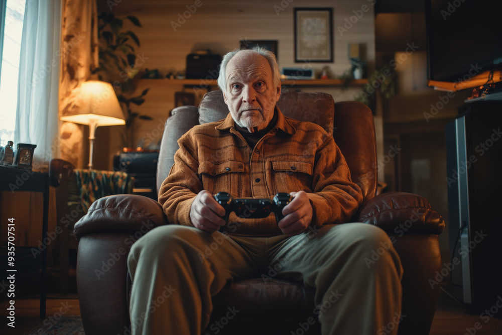 Elderly man focused on video game during evening relaxation Elderly man focused on video game during evening relaxation