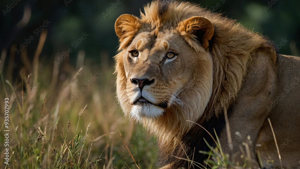 Fototapeta premium Lew w naturalnym środowisku. Generative AI