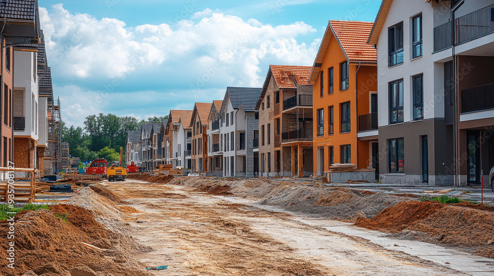 Construction site with newly built terraced houses under construction on a sunny day Construction site with newly built terraced houses under construction on a sunny day