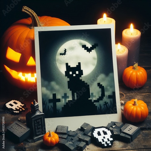 85 Photogram Pixel Art A pixelated black cat sits atop a photogr photo