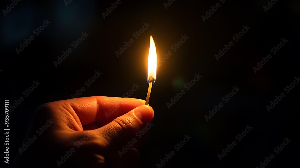 Person holding lit match in dark place. Black background. Memory of a person. Traditions Person holding lit match in dark place. Black background. Memory of a person. Traditions