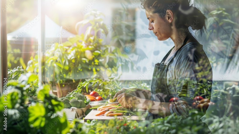 Fototapeta premium A focused woman prepares fresh vegetables in a bright greenhouse, showcasing the beauty of healthy cooking and nature.