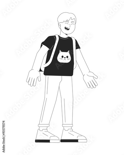 Laughing preteen boy black and white 2D line cartoon character. Caucasian white blond schoolboy with backpack isolated vector outline person. Elementary kid giggling monochromatic spot illustration