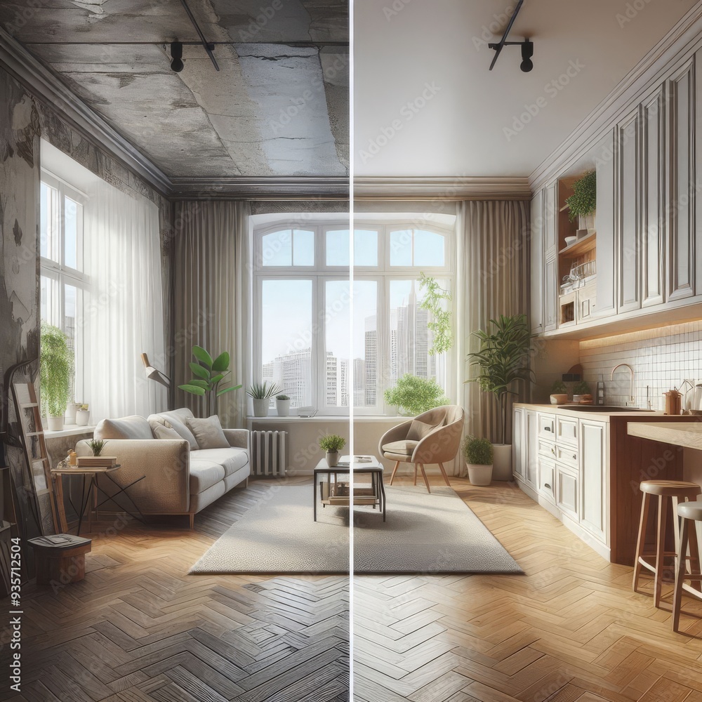 Fototapeta premium apartment renovation - empty room before and after refurbishment or restoration 