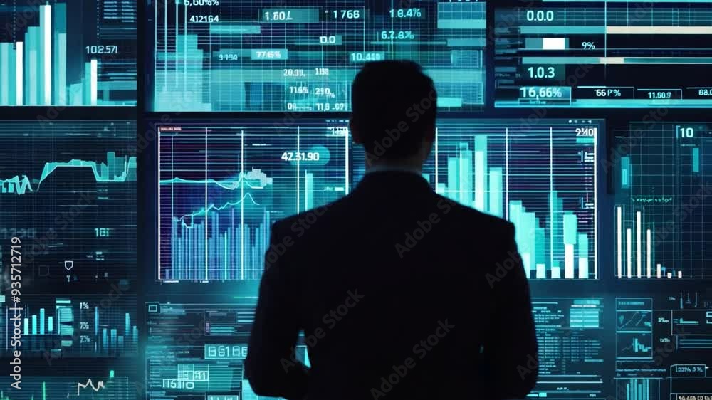 A business professional man stands in front of digital screens displaying various market analytics and financial data.
