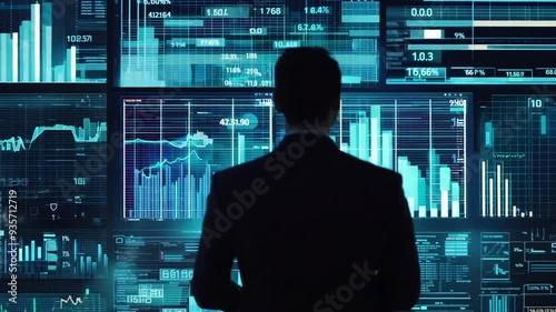 A business professional man stands in front of digital screens displaying various market analytics and financial data.