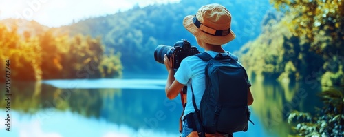 A photographer with a backpack takes pictures by a lake. photo