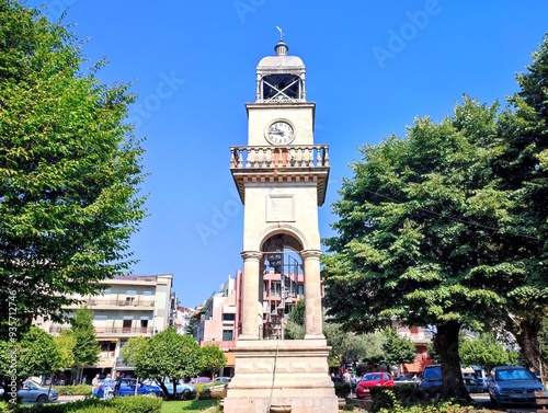 Photo of the Clock Tower of Ioannina, an iconic stone clock tower featuring neoclassical and oriental architectural elements, along with a domed bell tower. photo