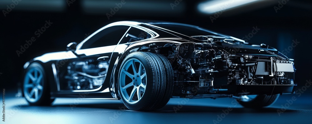 A sleek, silver sports car with its engine exposed, showcasing its powerful design. A sleek, silver sports car with its engine exposed, showcasing its powerful design.