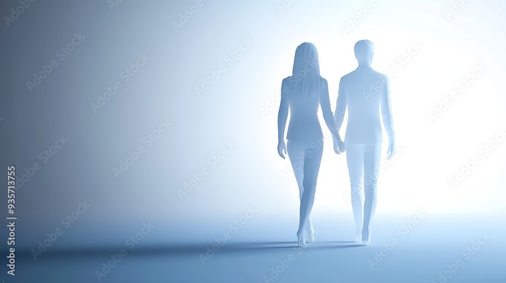 A translucent couple holding hands walk towards a bright light. A translucent couple holding hands walk towards a bright light.