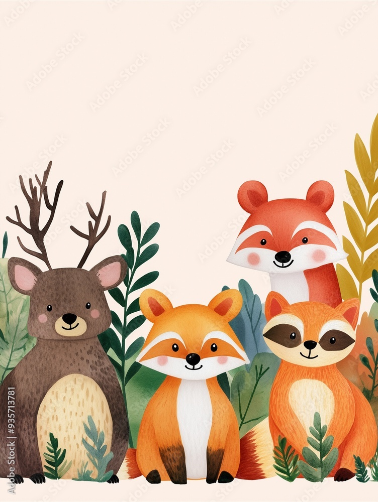 Fototapeta premium Cute woodland animals with foliage including deer, fox, and raccoon.
