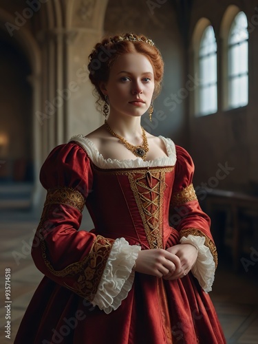Portrait of a beautiful red-haired girl in a medieval dress.