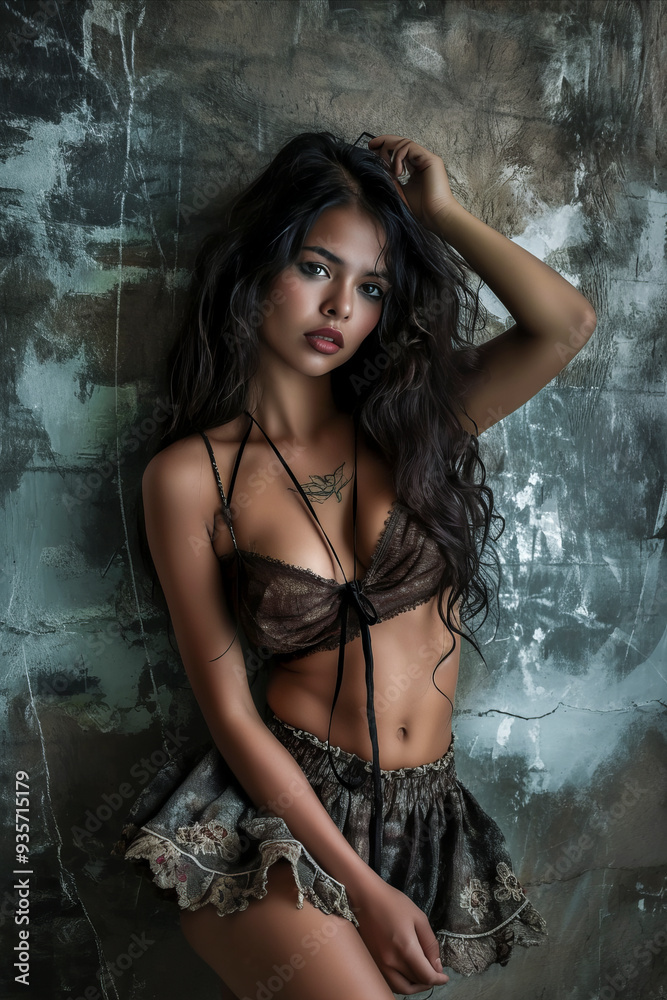 Fototapeta premium A woman in lingerie poses in front of a wall. The image has a moody and mysterious feel to it, as the woman's body is partially obscured by the wall
