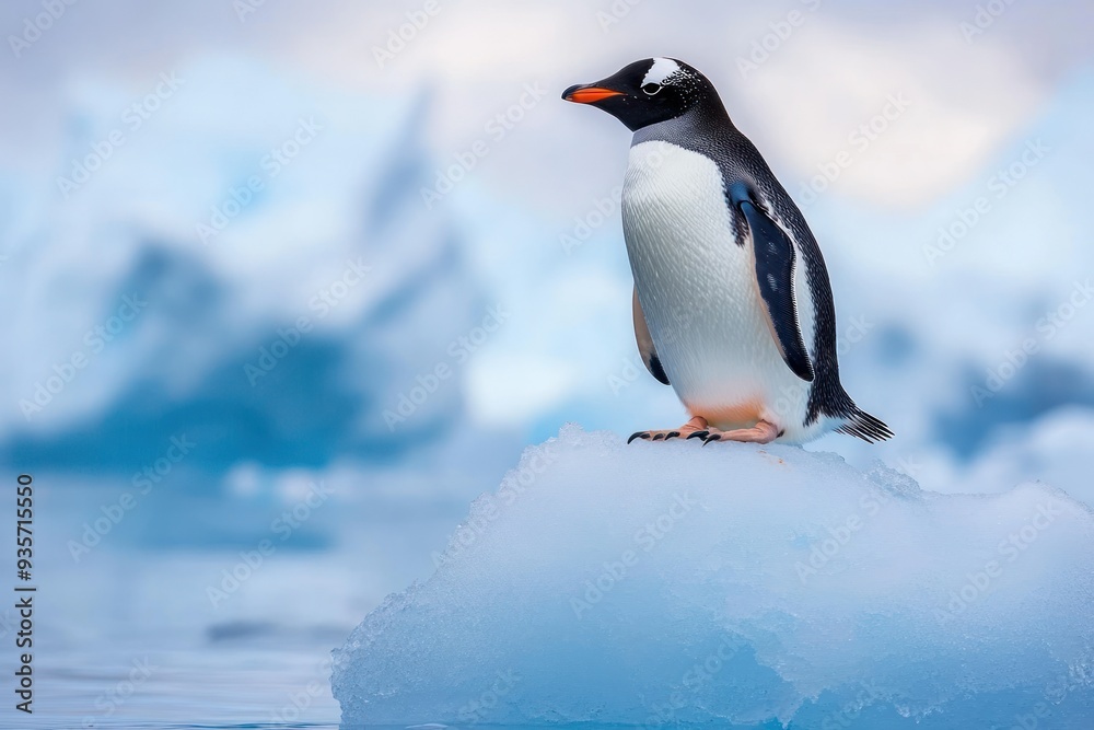 Fototapeta premium A gentoo penguin stands on an iceberg in a frosty landscape