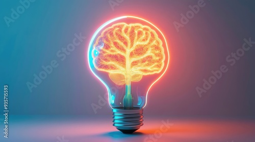 Bright brain-shaped neon bulb with an electric tree inside, glowing on a white background, representing cutting-edge science concepts