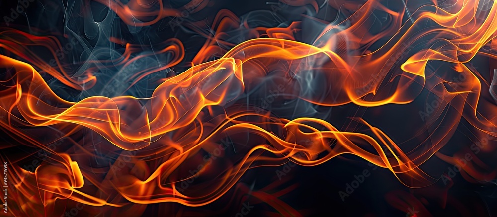 Orange fire flames on a dark background with copyspace