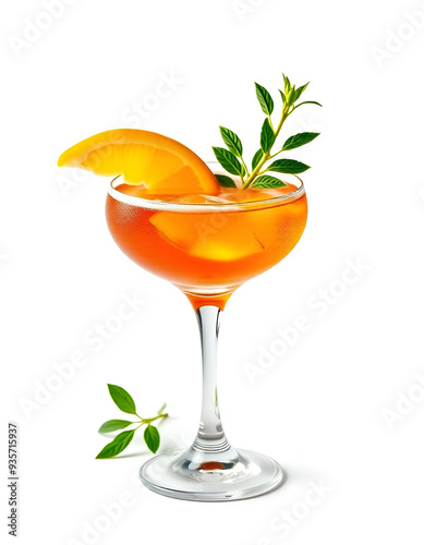 an orange cooktail with a slice of orange fresh mint leaves tall glass , on white background photo