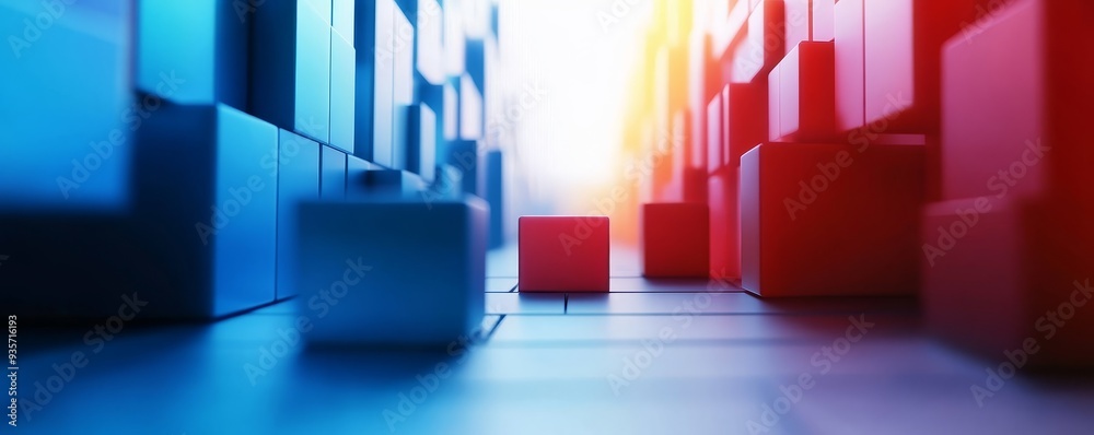 Abstract perspective of blue and red blocks with bright light.