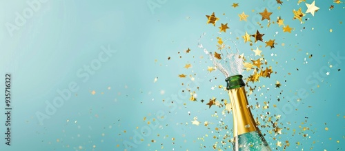 Golden star confetti is scattered alongside splashes of champagne from a glass placed on a blue background This represents the celebration of Christmas and New Year Empty copy space flat lay featurin photo