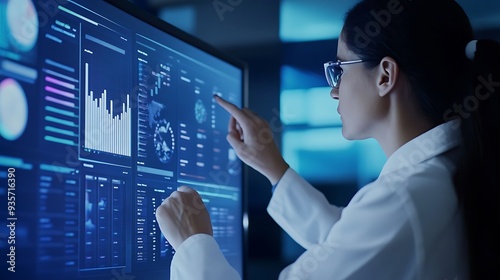 Woman in a Lab Coat Analyzing Data on a Large Screen