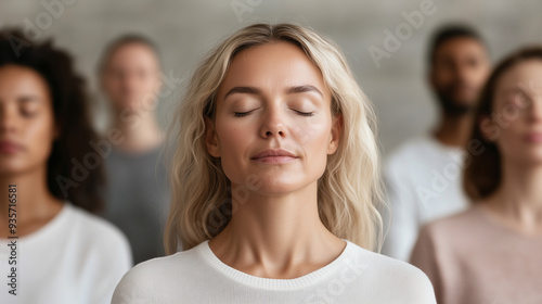 A group of diverse individuals participating in a guided meditation session, promoting mental health and community well-being, mental health awareness, meditation, mindfulness, gro Free Download A group of diverse individuals participating in a guided meditation session, promoting mental health and community well-being, mental health awareness, meditation, mindfulness, gro - GFXLoad