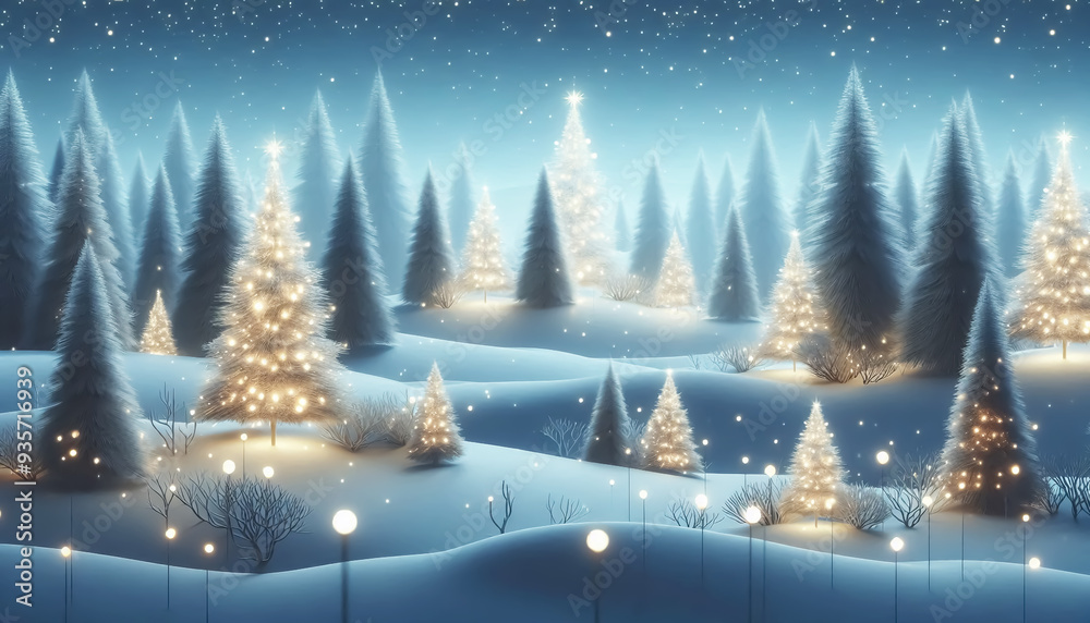 Obraz premium Christmas winter landscape with snow, trees and lights