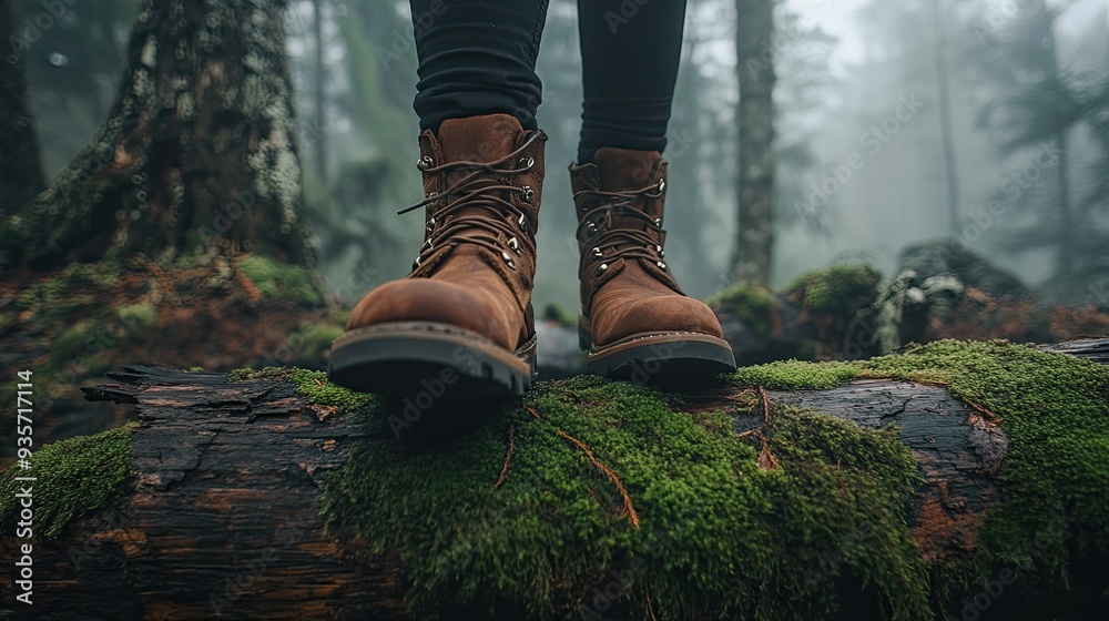 Mountain boots stepping over mossy logs in a mist-shrouded forest, evoking a sense of adventure in the wilderness. Mountain boots stepping over mossy logs in a mist-shrouded forest, evoking a sense of adventure in the wilderness.
