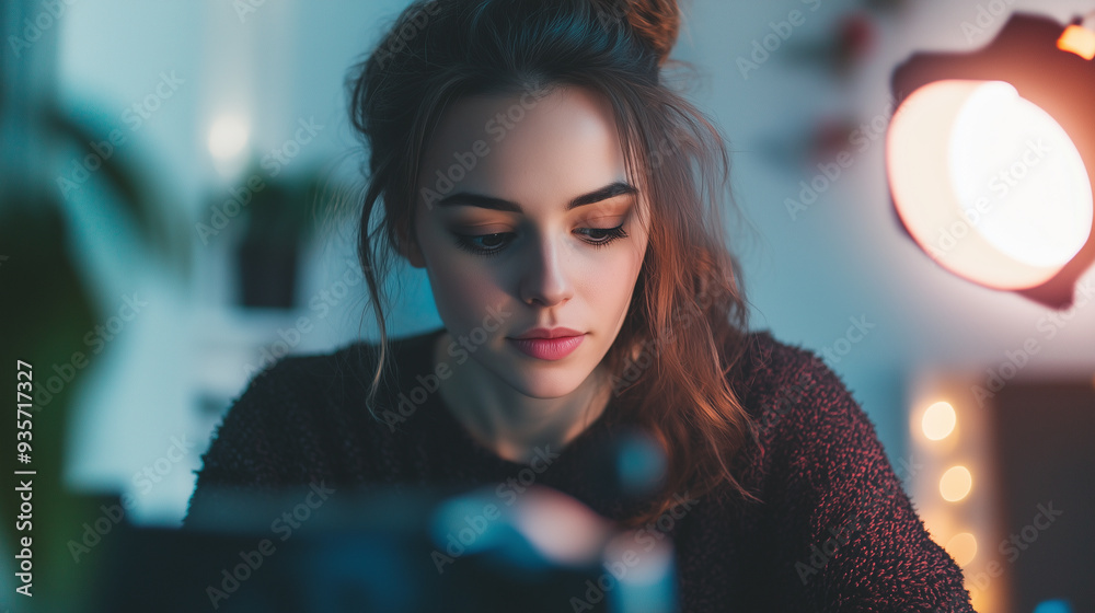 An influencer setting up a camera and ring light to record a video in a stylish home studio, content creation, social media marketing, influencer, video production, home studio