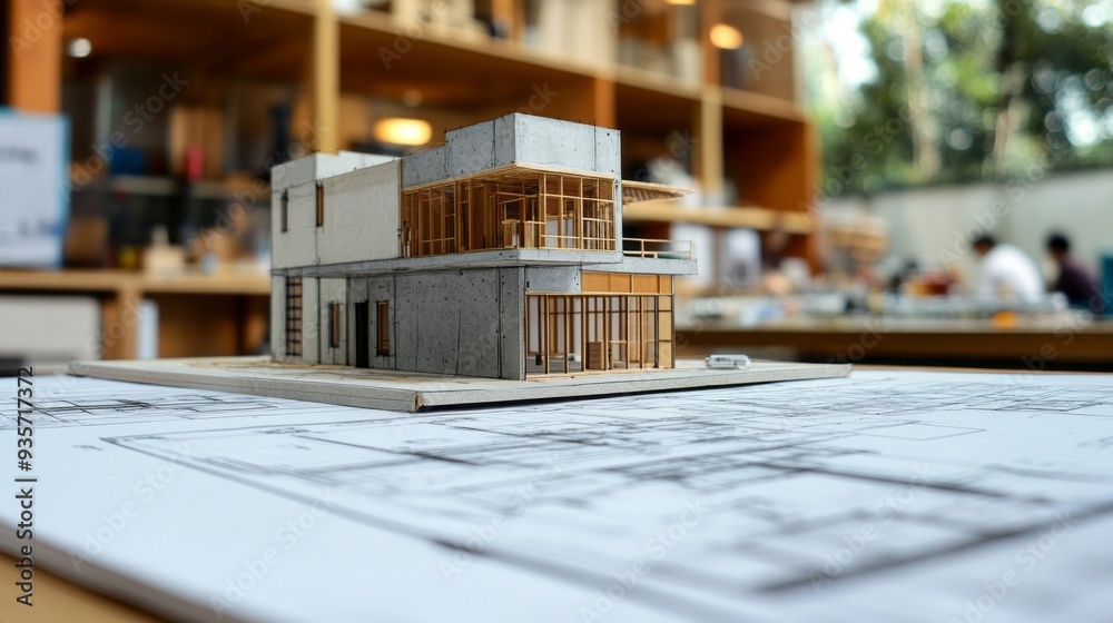 A detailed architectural model stands prominently on a table, illuminated by natural light. Surrounding design sketches hint at the creative process behind this modern structure A detailed architectural model stands prominently on a table, illuminated by natural light. Surrounding design sketches hint at the creative process behind this modern structure
