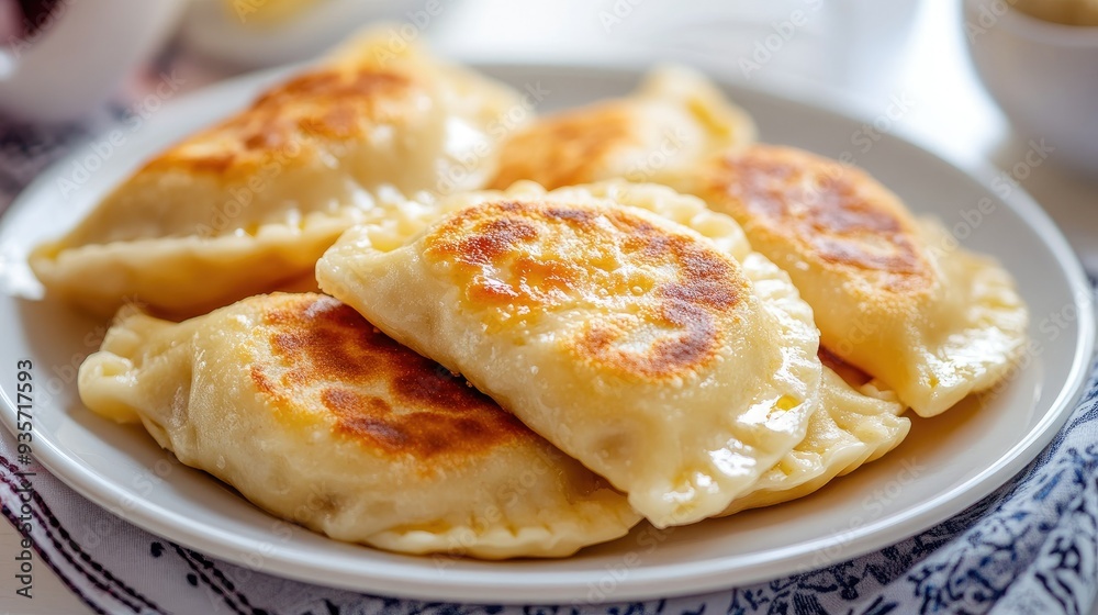 Pierogies served hot on white plates, their golden crusts glistening with butter, exuding a mouth-watering aroma. Pierogies served hot on white plates, their golden crusts glistening with butter, exuding a mouth-watering aroma.