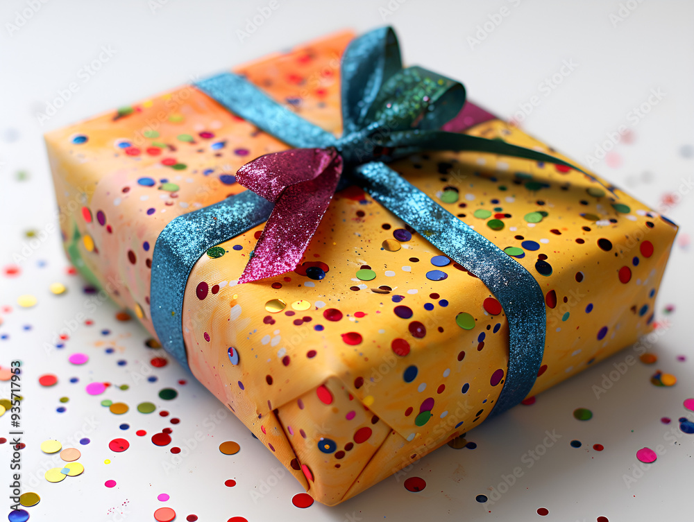 a yellow wrapped present with a blue ribbon and a bow
a yellow wrapped present with a blue ribbon and a bow