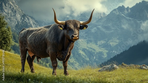 Sturdy bull standing in a green pasture, with detailed horns and muscles visible, set against a slightly blurred mountain backdrop. photo