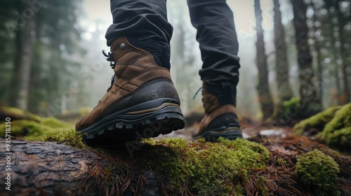 Sturdy trekking boots stepping over mossy logs in a misty forest, capturing the essence of outdoor adventure and rugged terrain.