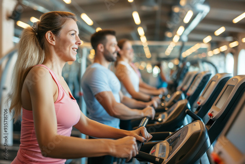 A lively gym scene with people using various exercise equipment such as treadmills, weights, and exercise bikes. Fitness enthusiasts are engaged in their workouts, some with personal trainers.