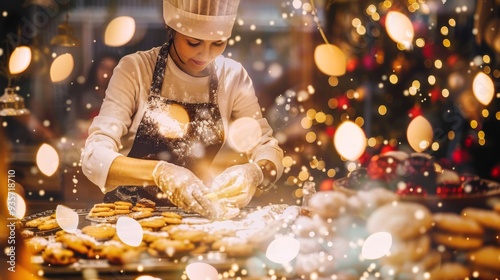A baker carefully creates delicious cookies in a warm and festive kitchen, surrounded by beautiful lights and decorations.