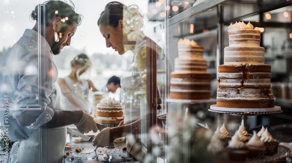 Obraz premium Elegant couple serving wedding cake in a stylish bakery, showcasing beautiful multi-tiered cakes with delicate decorations.