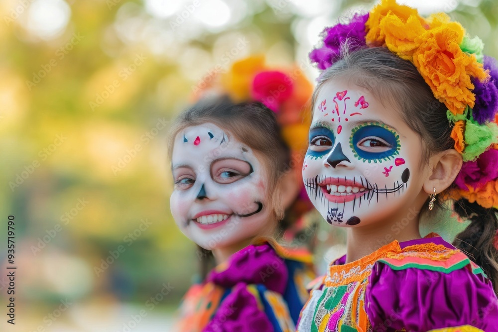 Two Girls Dressed in Traditional Mexican Costumes with Day of the Dead Makeup Two Girls Dressed in Traditional Mexican Costumes with Day of the Dead Makeup