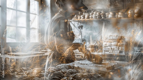 Artisan baker working in a rustic bakery surrounded by freshly made bread and pastries, creating a warm and inviting atmosphere.