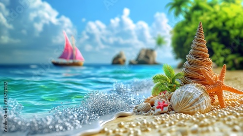 Seashells and starfish on a sandy beach with a sailboat in the distance.  The waves gently lap at the shore. photo