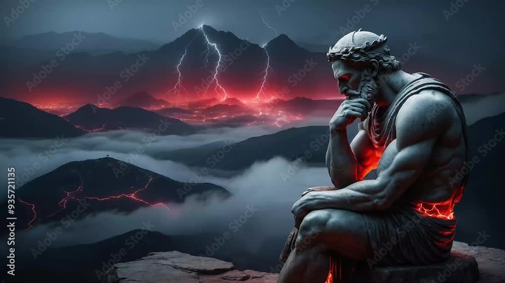 Ancient Greek sculpture, stoic, muscular Greek man against the backdrop of mountains